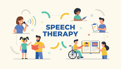 Fototapeta premium Educational banner illustrating speech therapy concepts with specialists helping children speak, read, and listen.