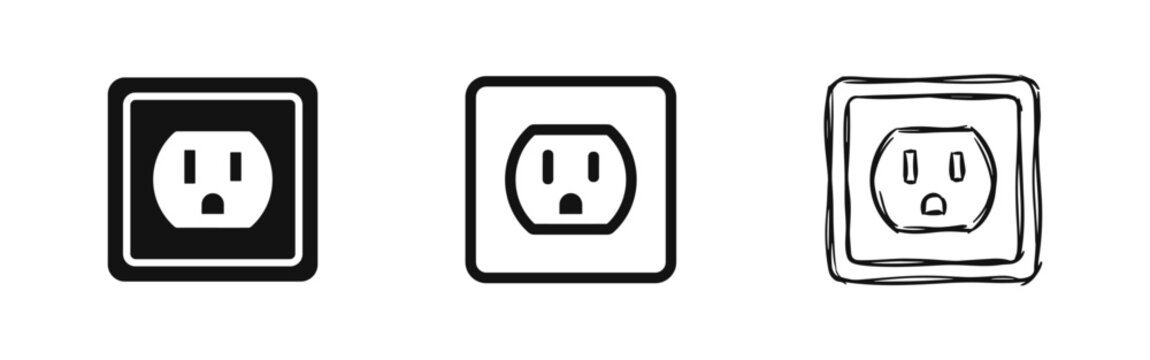 Set of electrical wall socket icons, outline, solid and hand-drawn sketch styles
