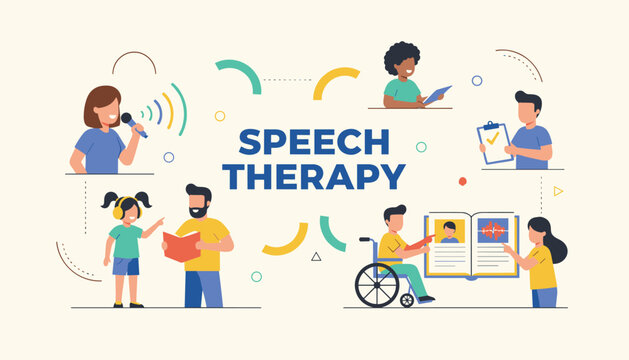Educational banner illustrating speech therapy concepts with specialists helping children speak, read, and listen.