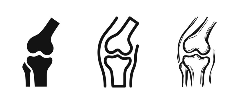 Set of knee joint bone icons, outline, solid and hand-drawn sketch styles