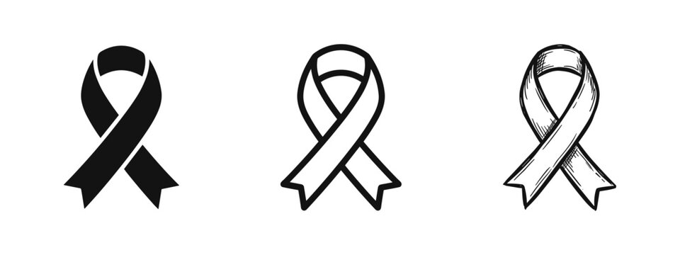 Set of awareness ribbon icons, outline, solid and hand-drawn sketch styles