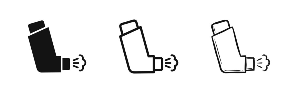 Set of asthma inhaler icons, outline, solid and hand-drawn sketch styles