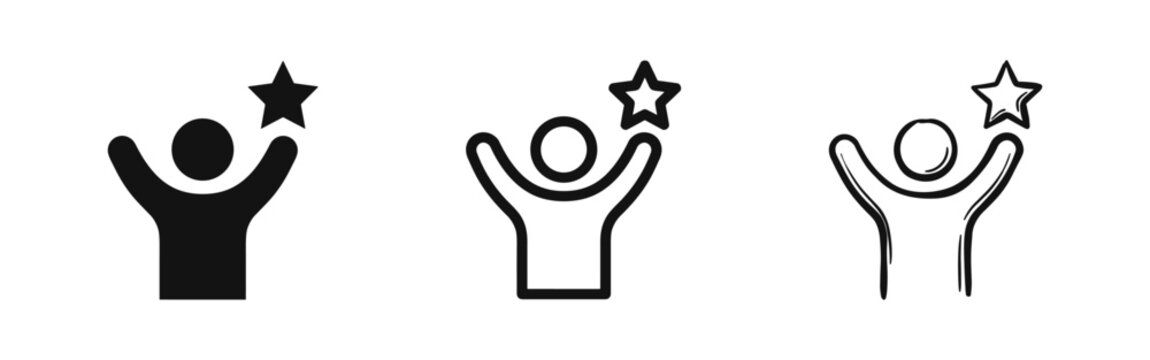 Success achievement icons set with human figure and star