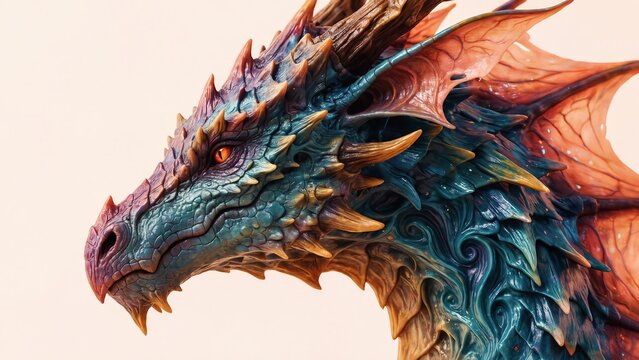 Close-up profile of a fantasy dragon with iridescent blue, orange, and purple scales