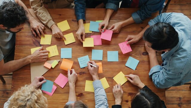 Diverse group of people brainstorming with sticky notes