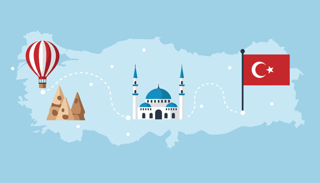 Map of Turkey with famous landmarks like Cappadocia, blue mosque, and national flag, representing travel and tourism.