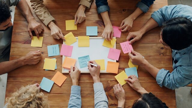 Diverse business team brainstorming with sticky notes on table