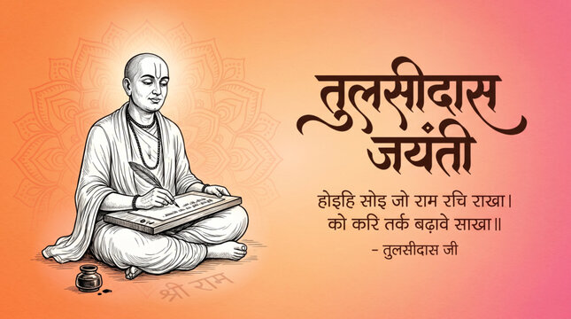 Minimal Saint Goswami Tulsidas writing the Ramcharitmanas with peacock feather quill on a warm saffron gradient background for Tulsidas Jayanti