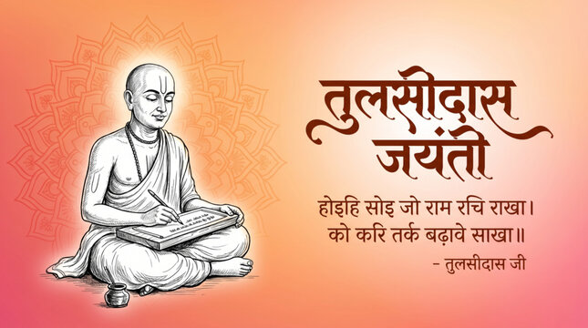 Minimal Saint Goswami Tulsidas writing the Ramcharitmanas with sacred manuscript on a warm saffron gradient background for Tulsidas Jayanti