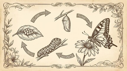 Obraz premium Butterfly Life Cycle Diagram, Vintage Life Cycle Diagram of Butterfly Transformation