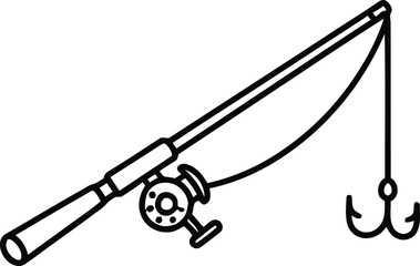 Fototapeta premium Fishing rod and reel with hook icon, simple line art, isolated on white background.