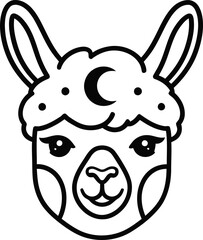 Obraz premium Cute cartoon llama with moon and stars on head, black and white outline, vector illustration