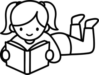 Cute cartoon girl with pigtails reading an open book, black and white line drawing