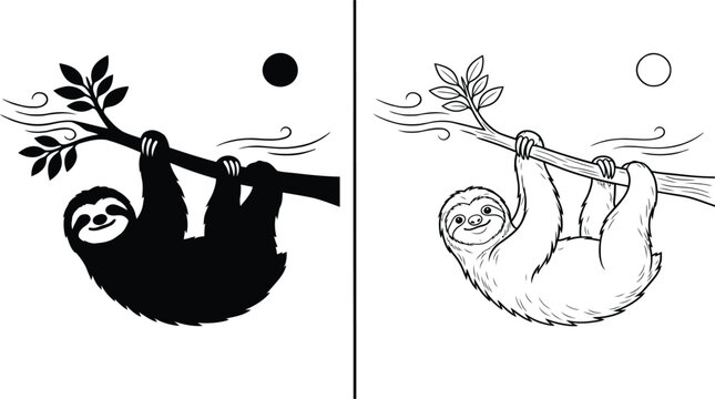 Sloth Cartoon Outline and Silhouette with Smiling Face Hanging From a Tree Branch Icon
