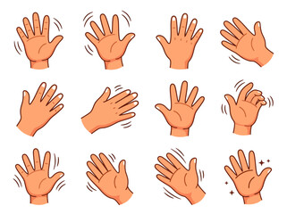 Fototapeta premium A collection of hand gestures showing waving and greeting motions in a cartoon style.