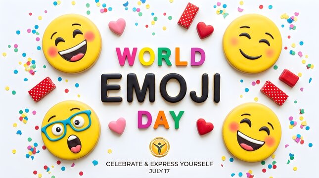 World emoji day celebration featuring colorful smiling faces and cheerful letters in a bright festive composition that captures the joyful spirit of digital communication and global connection for soc