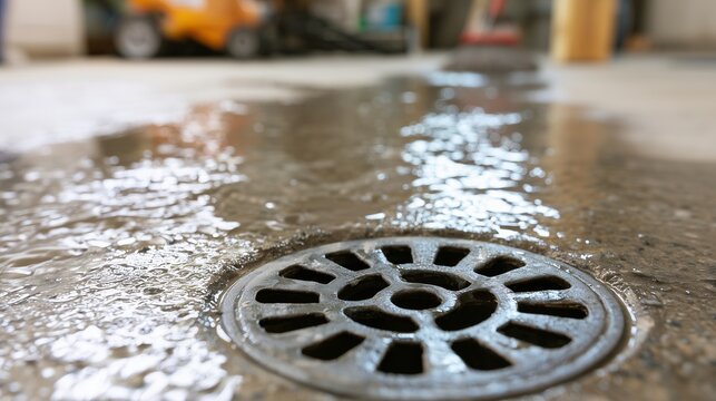 Close view of floor drain with standing water in building interior, showing emergency plumbing water damage, leak risk, and urgent repair need.
