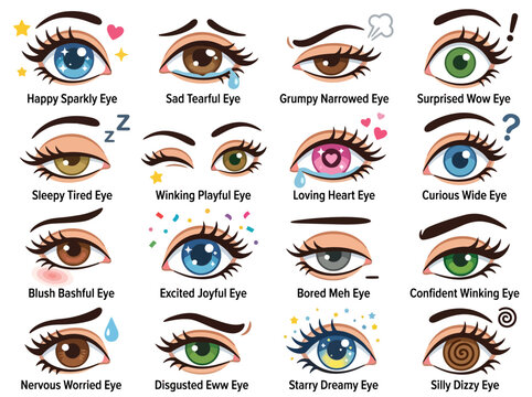 A collection of diverse cartoon eye expressions illustrating various human emotions and states.