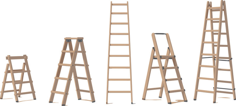 Wooden ladder vector set with stepladders and extension ladders isolated on white background for construction