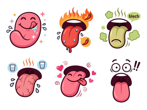 A collection of six expressive cartoon tongue illustrations depicting various tastes and emotions.