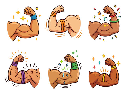 A collection of six cartoon illustrations showing muscular arms flexing in various styles.