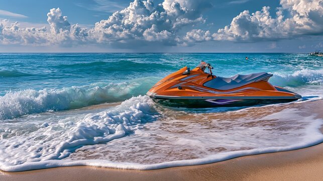 Waves lap at the shore while a jet ski rests on the sand.