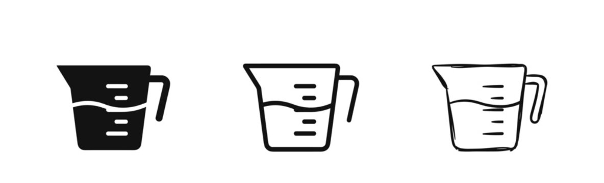 Measuring jug icon set, liquid volume kitchen tool vector collection