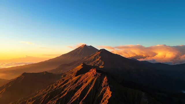 Cinematic slow pan across the jagged peaks of Mount Apo during a golden sunrise with vibrant orange clouds and a clear blue sky