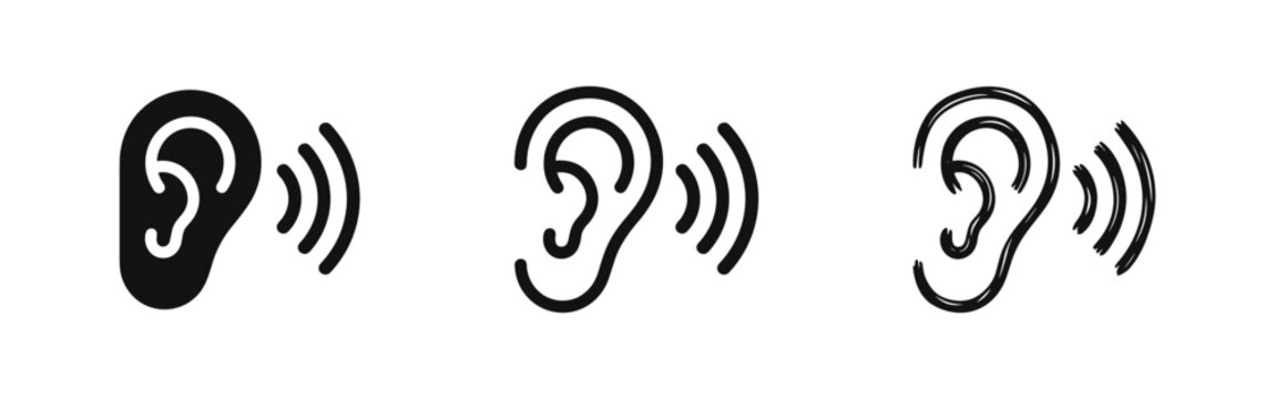 Set of human ear hearing icons in solid, outline, and sketch styles