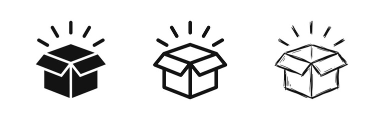 Open box and delivery icon set in glyph, outline, and sketch style © drawing lines