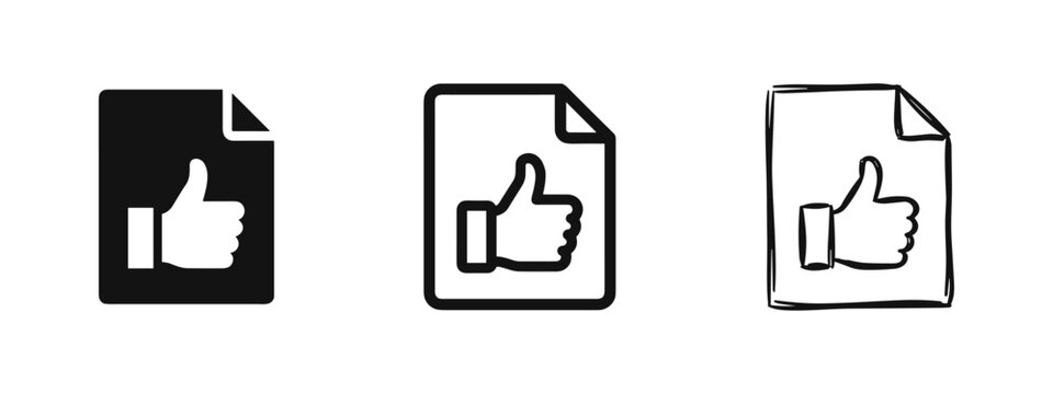 Set of like thumbs up document file icons in solid, outline, and sketch styles