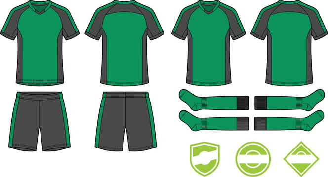 Soccer uniform mockup vector template including front and back view of green and grey jersey shirts shorts socks and blank team crest badges isolated on white background