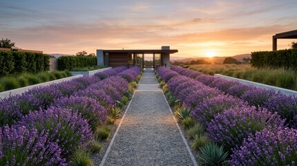 Obraz premium Lavender Garden Path at Sunset with Modern Architecture and Rolling Hills