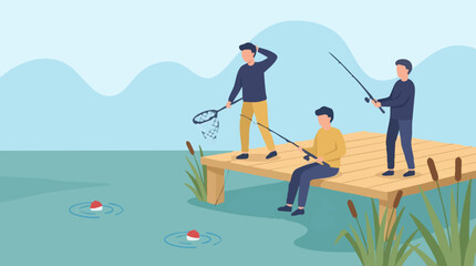 Three men fishing from a wooden dock on a calm lake, flat illustration © TRSTOCK