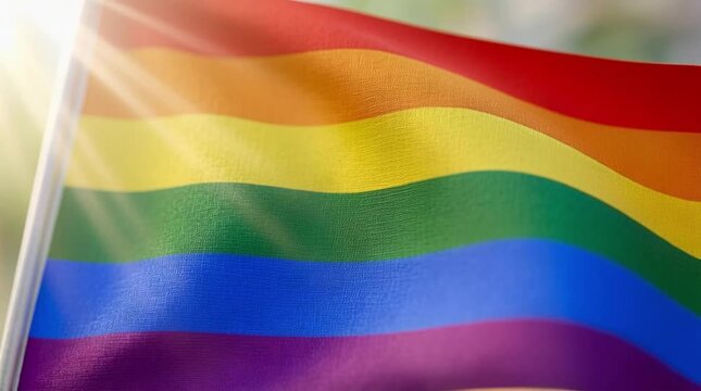 Waving rainbow flag in vibrant colors, representing LGBTQ pride and equality