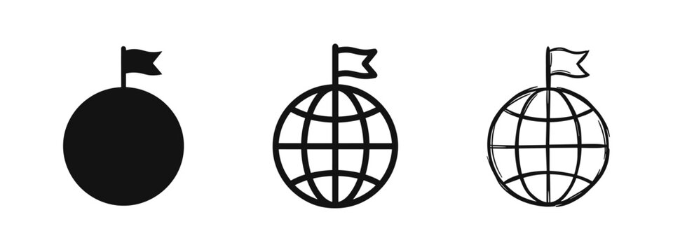 Globe with flag icons, solid, outline, and sketch styles