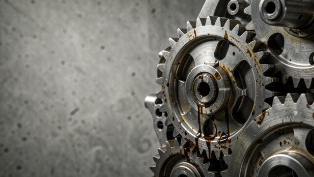 close up interlocking steel engine gears mechanical precision artfully lit on industrial concrete background for technology and manufacturing banners