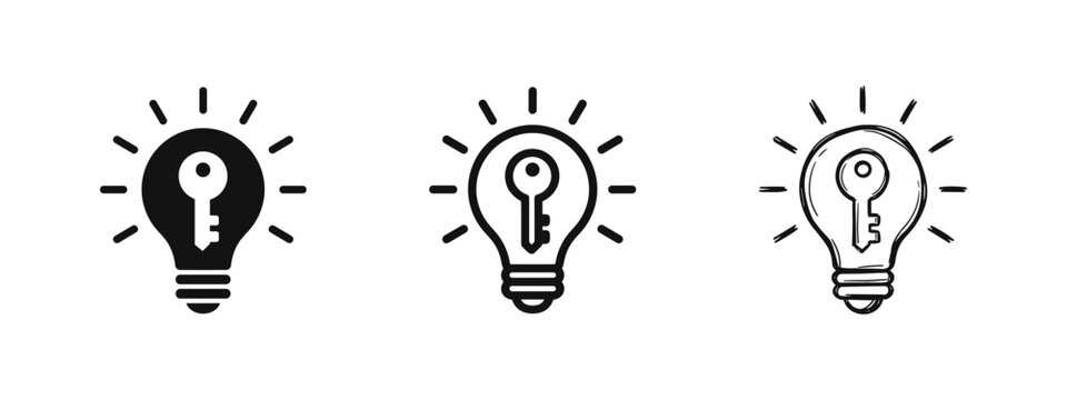 Idea key inside light bulb icon set, solution and innovation business symbols