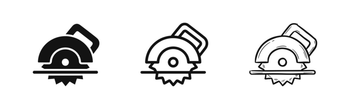 Circular saw icon set, woodworking tool, vector illustrations in flat, outline, and hand-drawn style