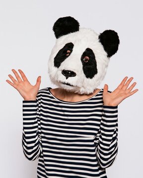 Person wearing panda mask, striped shirt, gesturing