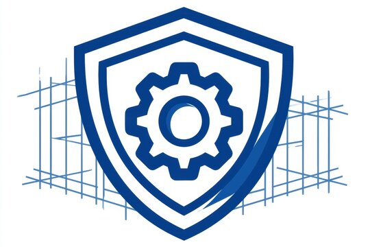 A bold shield with a gear cog sits on a blueprint grid, representing privacy as a fundamental concept rather than an afterthought.