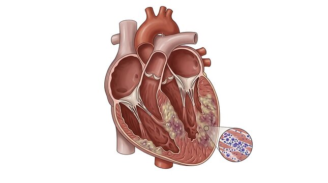 Human heart cross section showing infective endocarditis