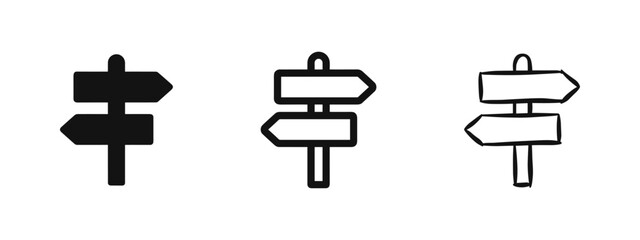 Road sign icons, wooden signpost direction arrows in glyph, line, and doodle style © drawing lines