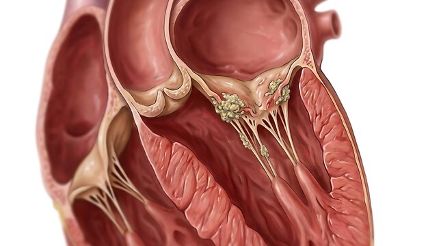 Close up of heart valves with calcification or bacterial growth