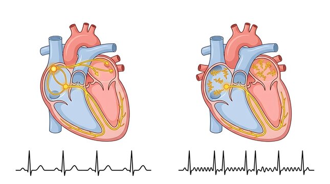 Comparison between normal heart rhythm and atrial fibrillation