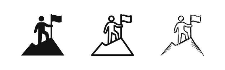 Success achievement icon set, person with flag on mountain peak in solid, outline and sketch styles © drawing lines