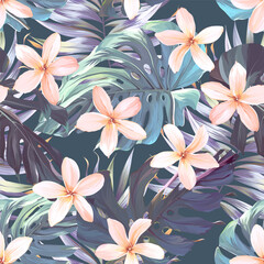 Tropical pattern. Paradise plants and flowers. Hawaiian pattern. Exotic, tropical. Delicate soft colors. © Alaska_artworks
