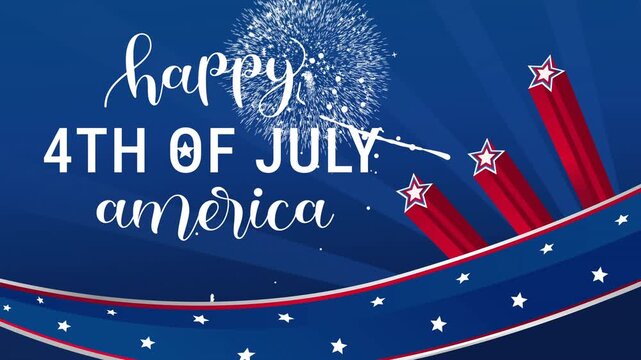 4th of july celebration with balloons, fireworks, american flag, and stars. Suitable for holiday designs, social media posts.