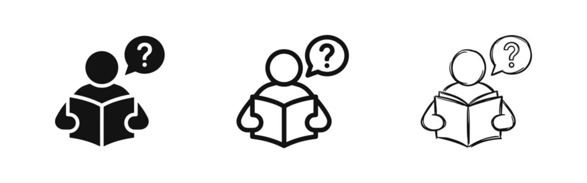 Person reading book with question mark icon set, learning concept