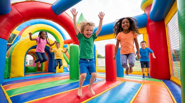 Happy Diverse Children Having Fun Jumping Inside a Colorful Inflatable Bounce House at an Outdoor Playground
